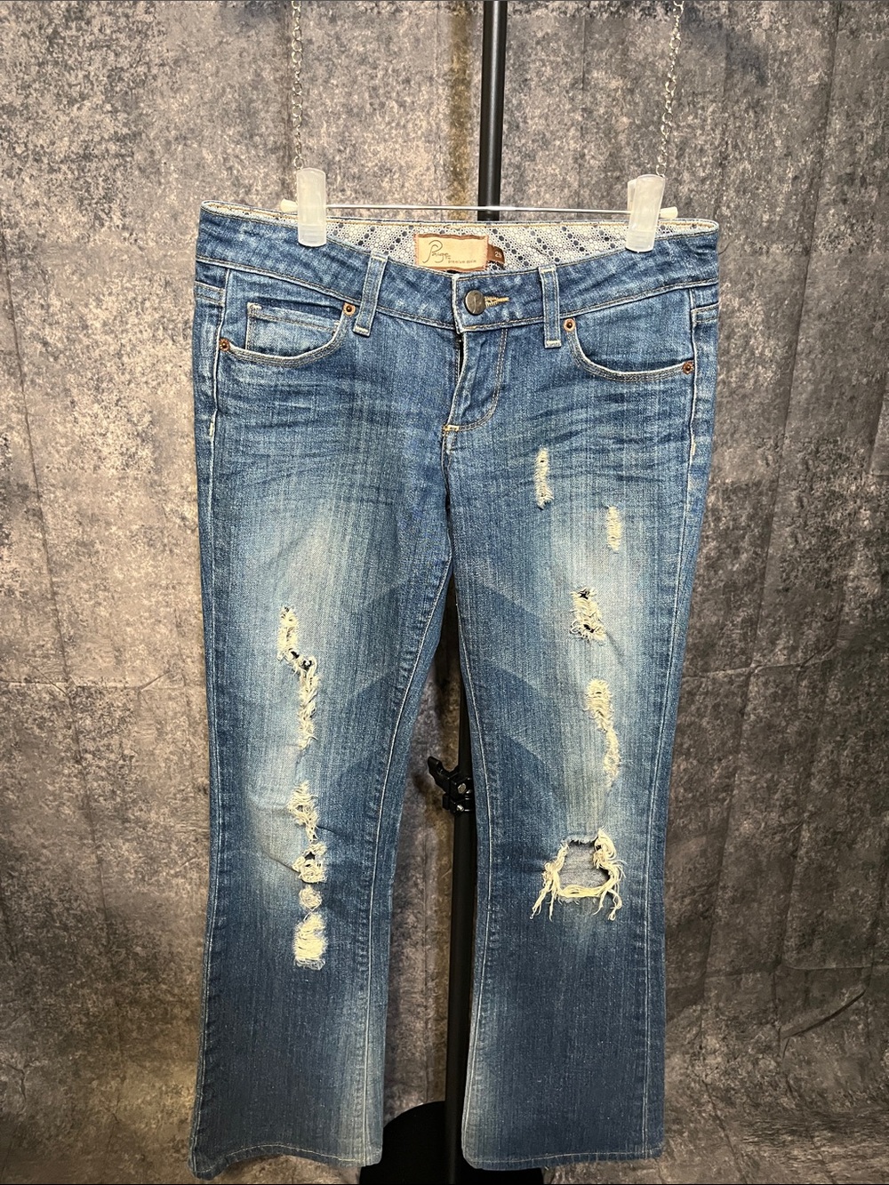 PAIGE Medium Blue Distressed Flare Jeans